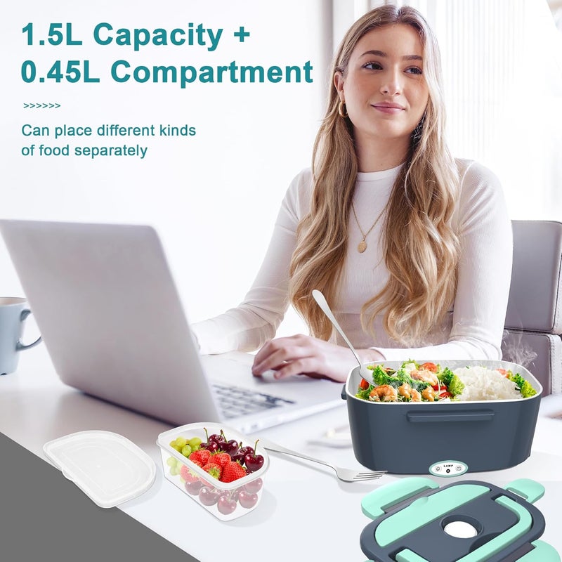 HOLDRUBY Electric Heated Lunch Boxes Adults: 80W Electric Lunch Box Food Heated 12/24/110V 1.5L Heatable Lunch Box for Car/Truck/Office Leak-Proof Stainless Steel Container, Fork & Spoon, Bag (Grey+Green) - Image 5